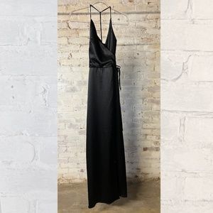 jenny yoo lana black satin crepe wrap v-neck a-line dress [size 4]